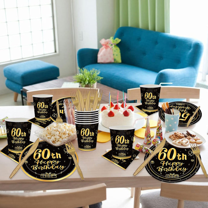 144PCS 60th Birthday Party Supplies Black and Gold 60 Years Birthday Plates and Napkins Tableware Set 60th Party Decorations Including Paper Plates Napkins Cups Forks Serve 24 for Men Women