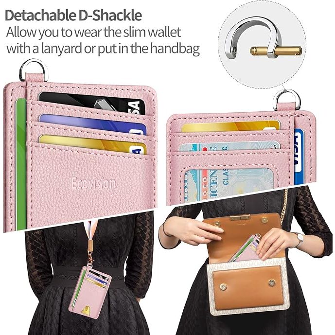 Slim Minimalist Front Pocket Wallet, RFID Blocking Credit Card Holder Wallet with Detachable D-Shackle for Men Women, Pink