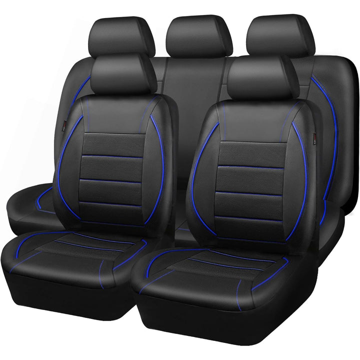 Universal FIT Piping Leather Car Seat Cover, for suvs, Van, Trucks, Airbag Compatible, Inside Zipper Design and Reserved Opening Holes (Full seat Covers, Black and Blue)