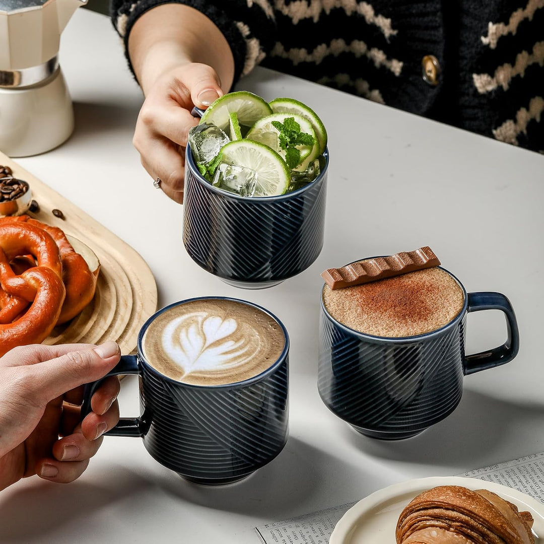 Stackable Coffee Mugs with Rack: 13 oz Stacking Ceramic Cups with Stand - Porcelain Stacked Tea Mug Set of 4 (Navy)