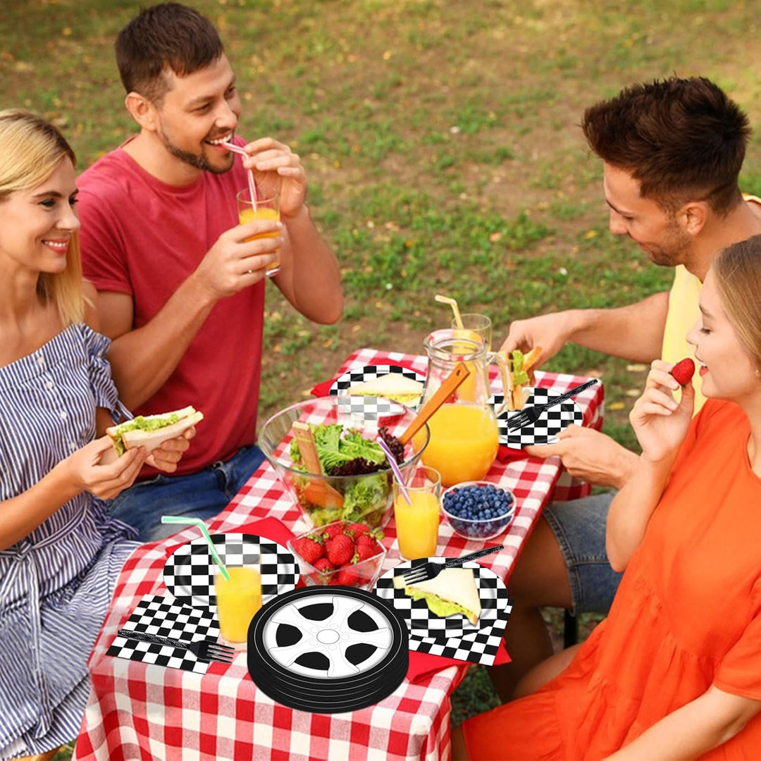 96PCS Racing Car Plates and Napkins Birthday Party Tableware Set Boys Kids Race Car Birthday Decorations Checkered Racing Birthday Party Supplies Plates Napkins Forks Serve 24