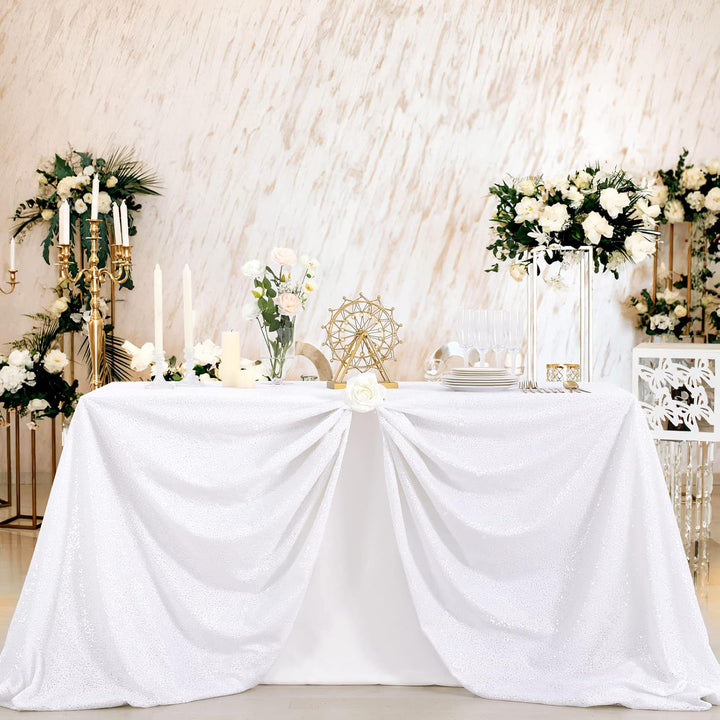 White Sequins Christmas Tablecloth 90x132 Inches Seamless Reversible Sequin Fabric Sequin Fabric for Table Overlays Wedding Birthday Family Gathering