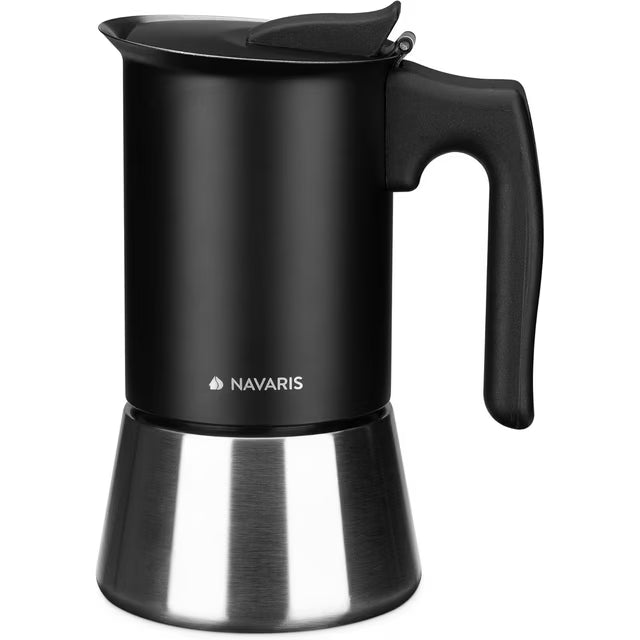 Navaris Moka Coffee Pot - Percolator Espresso Maker for Stovetops Induction Gas Electric Stove Hob - Stainless Steel Percolated Coffee Pot - 6.8 fl oz / 200ml, black