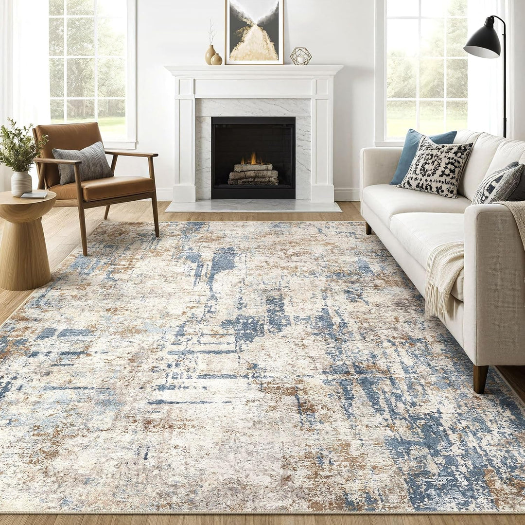 8x10 Area Rugs Washable Rug: Large Abstract Modern Soft Stain Resistant Indoor Floor Non Slip Accent Carpet for Living Room Bedroom Nursery Playroom Office Dining Room Dorm Home House Decor - Blue Tan - Just Closeouts Canada Inc.X004F72AF3