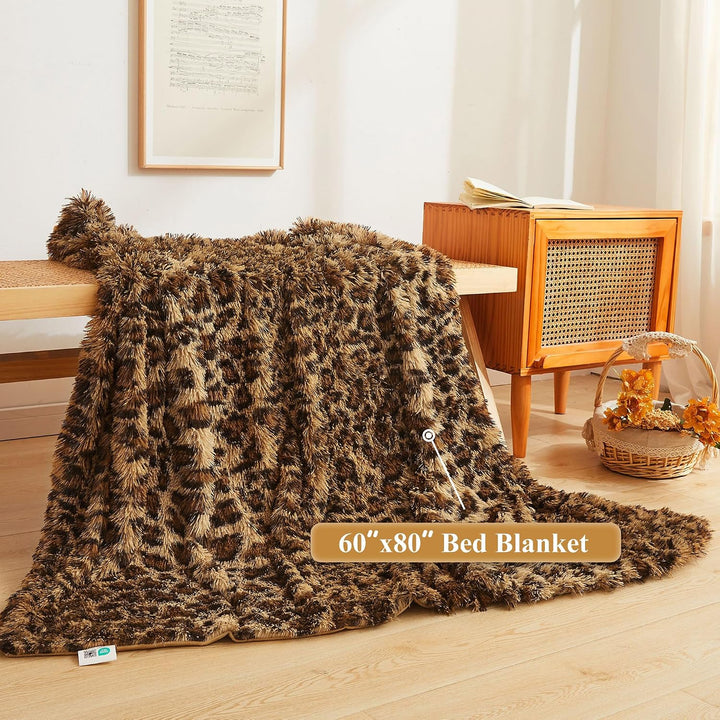 Luxury Faux Fur Leopard Print Throw Blanket, Soft Cheetah Print Fluffy Bed Blanket, Shaggy Plush Decorative Couch Blanket, Cute Furry Animal Print Fuzzy Blanket for Sofa Bed Couch, Brown, 60x90