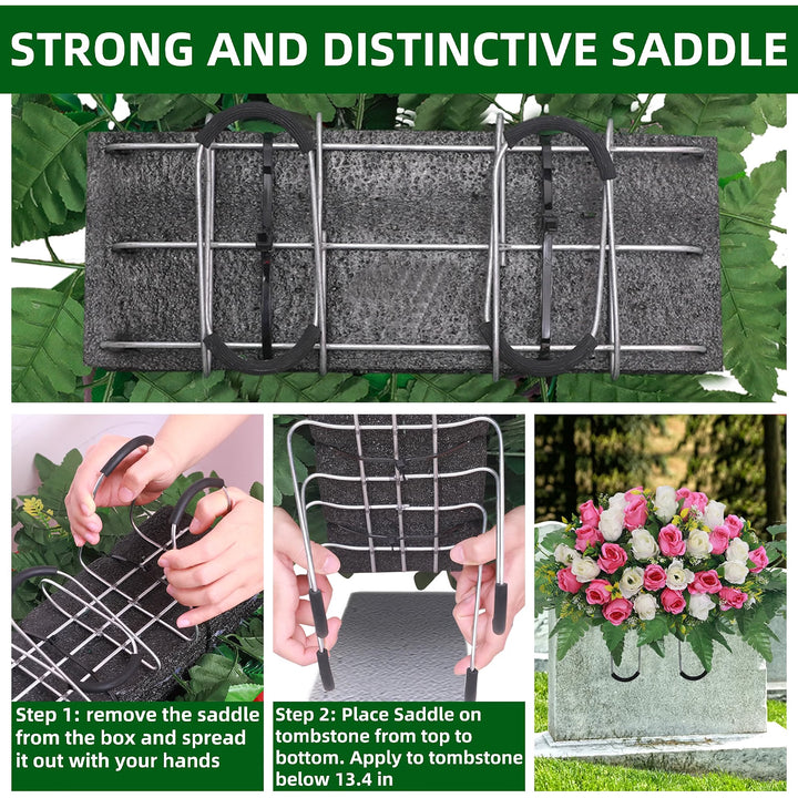 Artificial Cemetery Flower Saddles, Rose Headstone Flower Saddle Outdoor Grave Decorations,Cemetery Memorial Flowers with Vase for Grave Tombstone Decorations (Pink and White, Saddle)