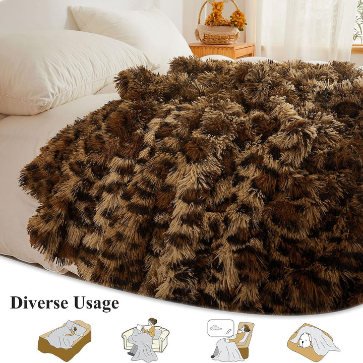 Luxury Faux Fur Leopard Print Throw Blanket, Soft Cheetah Print Fluffy Bed Blanket, Shaggy Plush Decorative Couch Blanket, Cute Furry Animal Print Fuzzy Blanket for Sofa Bed Couch, Brown, 60x90