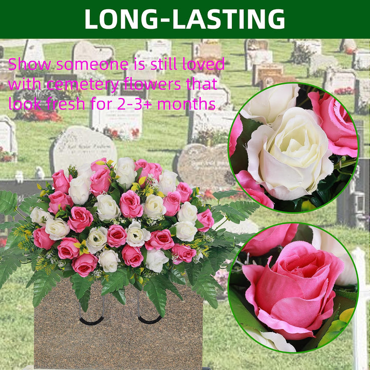 Artificial Cemetery Flower Saddles, Rose Headstone Flower Saddle Outdoor Grave Decorations,Cemetery Memorial Flowers with Vase for Grave Tombstone Decorations (Pink and White, Saddle)