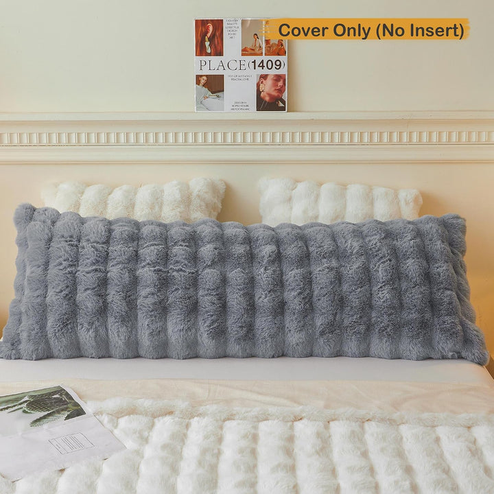 Fluffy Faux Rabbit Fur Body Pillow Cover, Soft Cute Bubble Shaggy Plush Bed Body Pillowcase with Zipper Closure, Long 20"x54" Fuzzy Furry Pillow Case for Pregnancy Side Sleeper, Light Grey