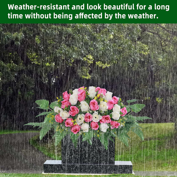 Artificial Cemetery Flower Saddles, Rose Headstone Flower Saddle Outdoor Grave Decorations,Cemetery Memorial Flowers with Vase for Grave Tombstone Decorations (Pink and White, Saddle)