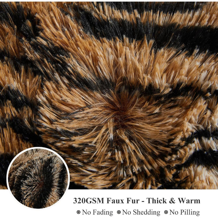 Tiger Print Fluffy Faux Fur Duvet Cover Set, 3 Pieces Soft Plush Shaggy Fuzzy Bedding Set(1 Faux Fur Animal Print Comforter Cover + 2 Furry Pillowcases), Zipper Closure(King, Tiger Print Brown)