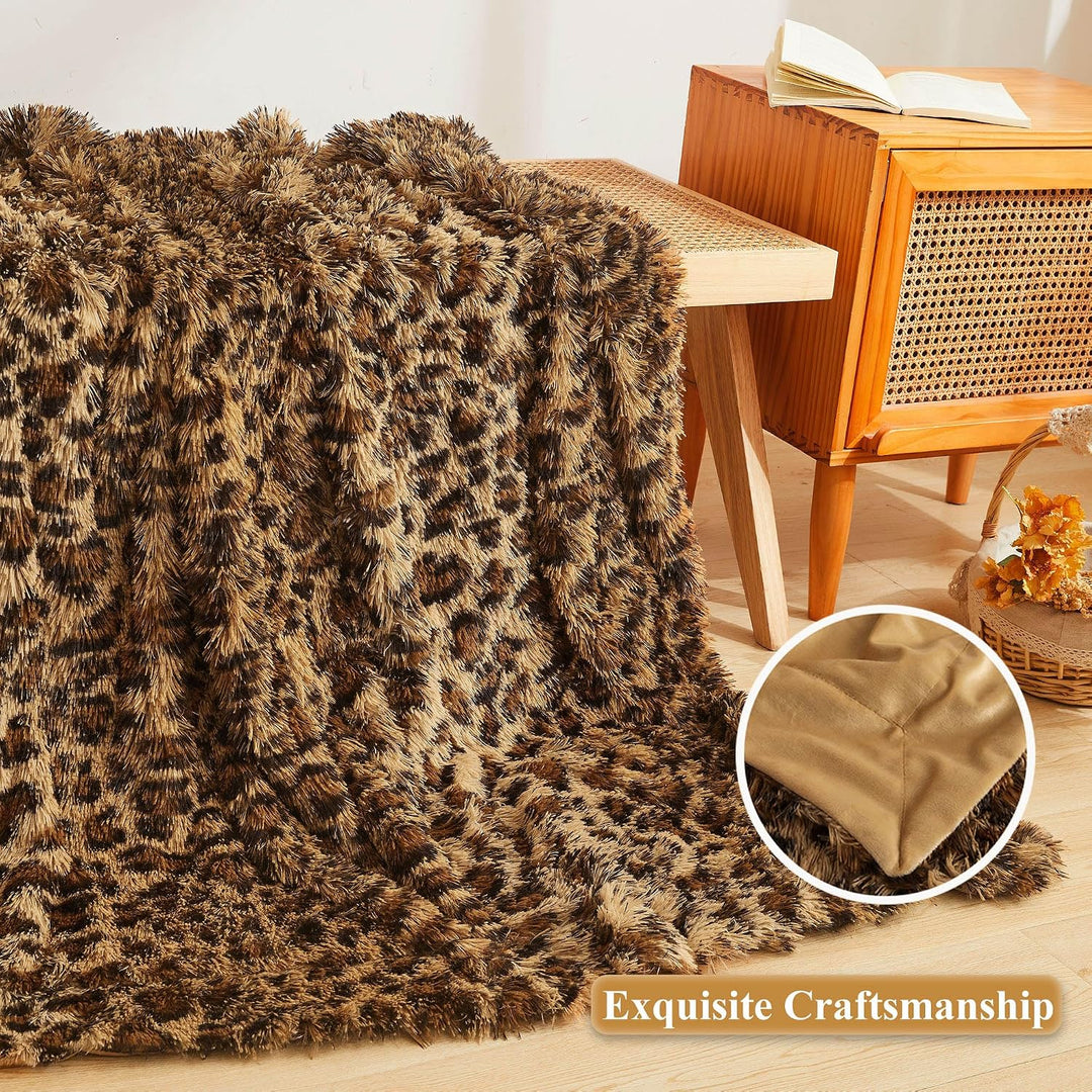 Luxury Faux Fur Leopard Print Throw Blanket, Soft Cheetah Print Fluffy Bed Blanket, Shaggy Plush Decorative Couch Blanket, Cute Furry Animal Print Fuzzy Blanket for Sofa Bed Couch, Brown, 60x90