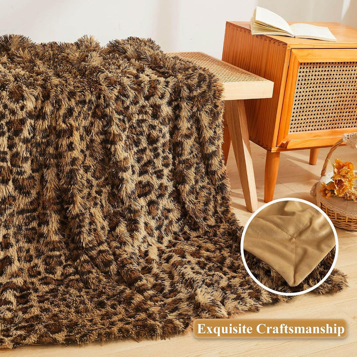 Luxury Faux Fur Leopard Print Throw Blanket, Soft Cheetah Print Fluffy Bed Blanket, Shaggy Plush Decorative Couch Blanket, Cute Furry Animal Print Fuzzy Blanket for Sofa Bed Couch, Brown, 60x90