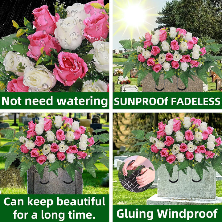 Artificial Cemetery Flower Saddles, Rose Headstone Flower Saddle Outdoor Grave Decorations,Cemetery Memorial Flowers with Vase for Grave Tombstone Decorations (Pink and White, Saddle)