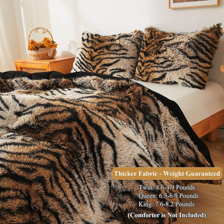 Tiger Print Fluffy Faux Fur Duvet Cover Set, 3 Pieces Soft Plush Shaggy Fuzzy Bedding Set(1 Faux Fur Animal Print Comforter Cover + 2 Furry Pillowcases), Zipper Closure(King, Tiger Print Brown)