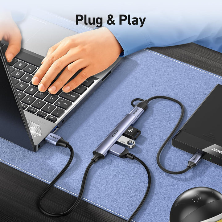 4-Port USB Hub: 1x 10Gbps USB 3.2 + 3X USB 2.0- for Mouse, Keyboard, Flash Drive, Printer - Compatible with Laptop, PC, Xbox, PS5