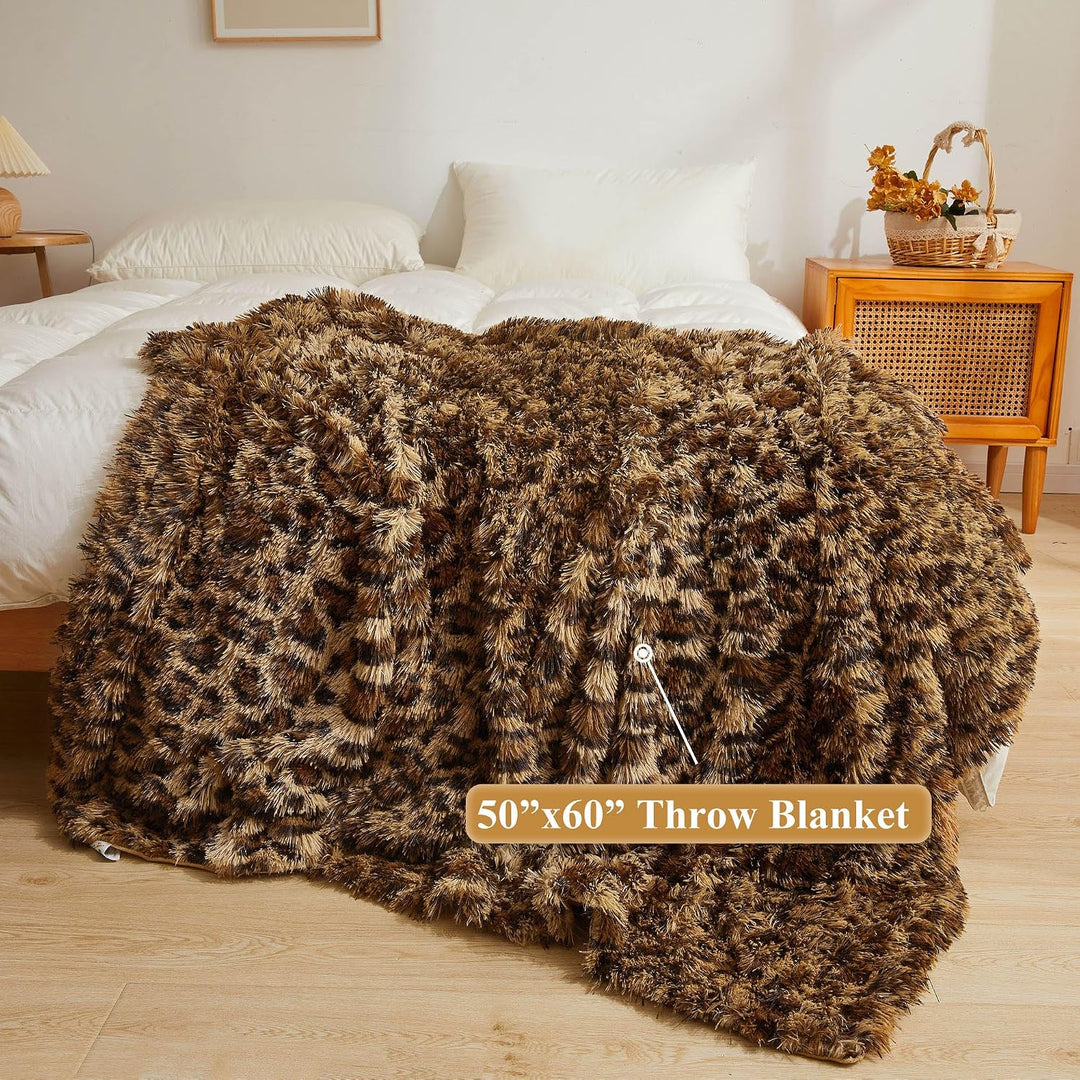 Luxury Faux Fur Leopard Print Throw Blanket, Soft 50x60 Cheetah Print Fluffy Blanket Throw, Shaggy Plush Decorative Couch Blanket, Cute Furry Animal Throw Fuzzy Blanket for Sofa Bed, Brown