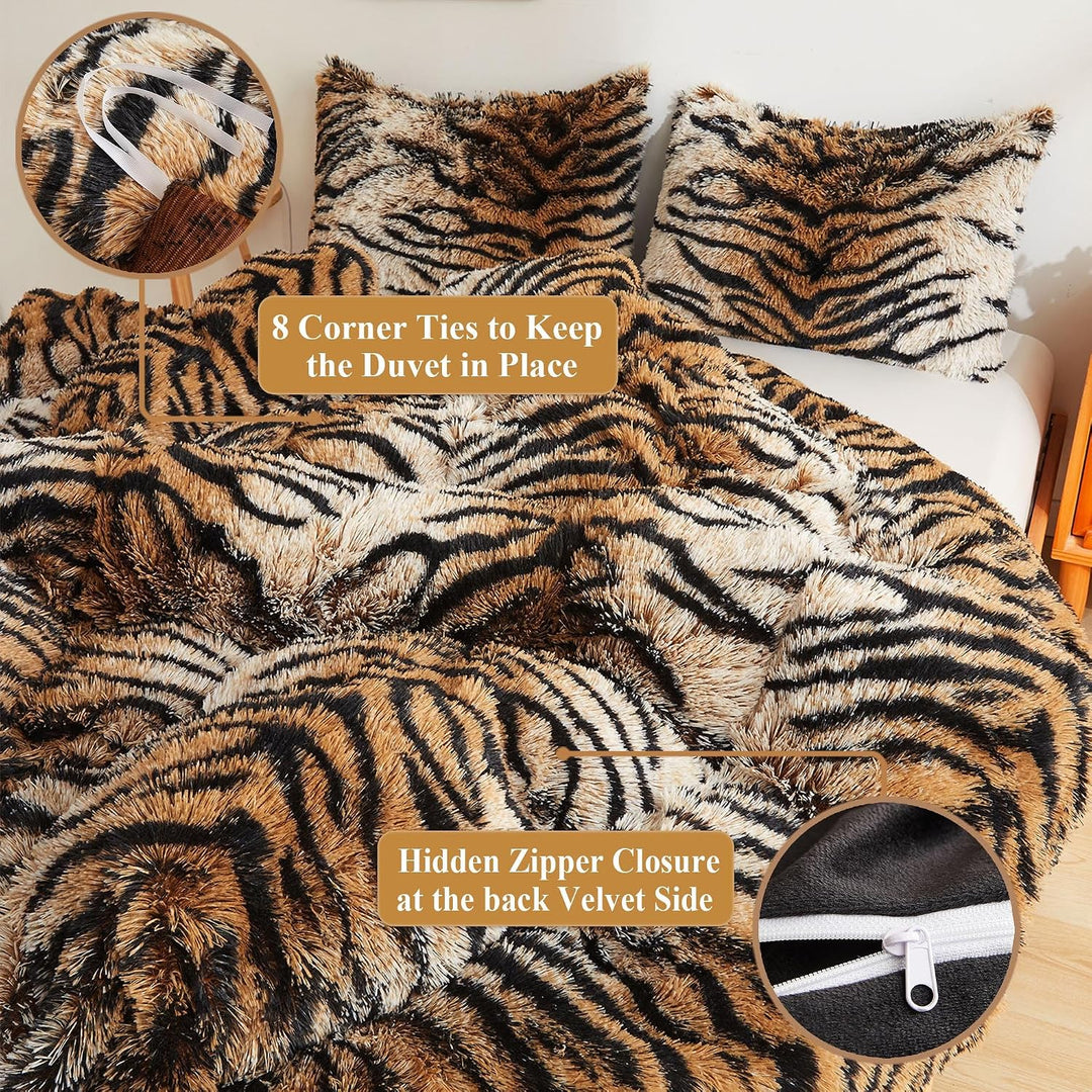Tiger Print Fluffy Faux Fur Duvet Cover Set, 3 Pieces Soft Plush Shaggy Fuzzy Bedding Set(1 Faux Fur Animal Print Comforter Cover + 2 Furry Pillowcases), Zipper Closure(King, Tiger Print Brown)