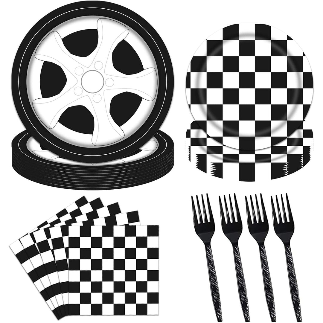 96PCS Racing Car Plates and Napkins Birthday Party Tableware Set Boys Kids Race Car Birthday Decorations Checkered Racing Birthday Party Supplies Plates Napkins Forks Serve 24 - Just Closeouts Canada Inc.