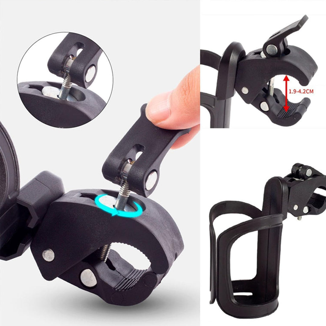 Two black rotating clamp-on cup holders, view 4