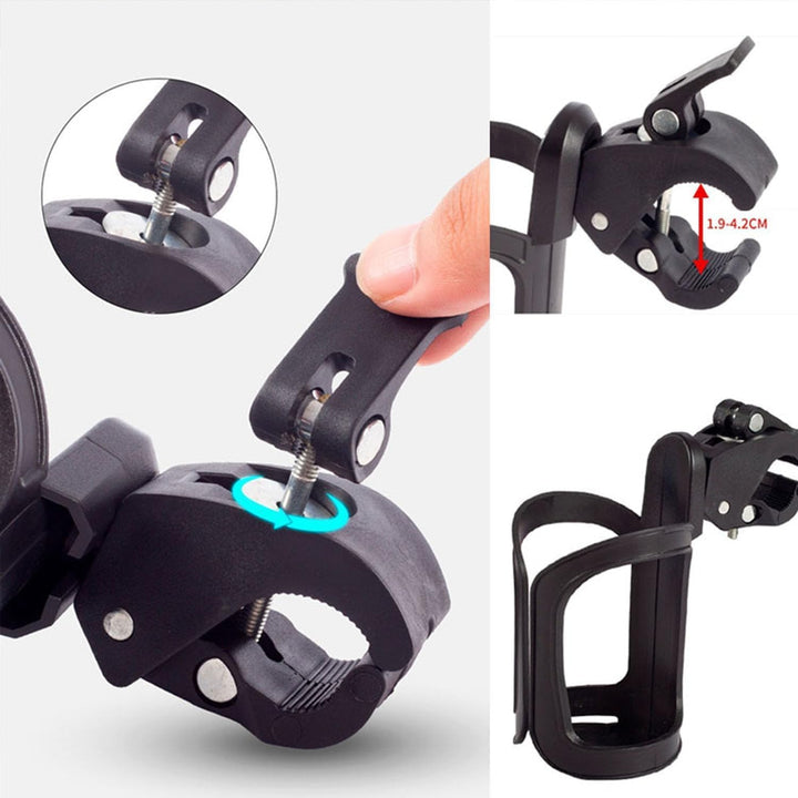 Two black rotating clamp-on cup holders, view 4