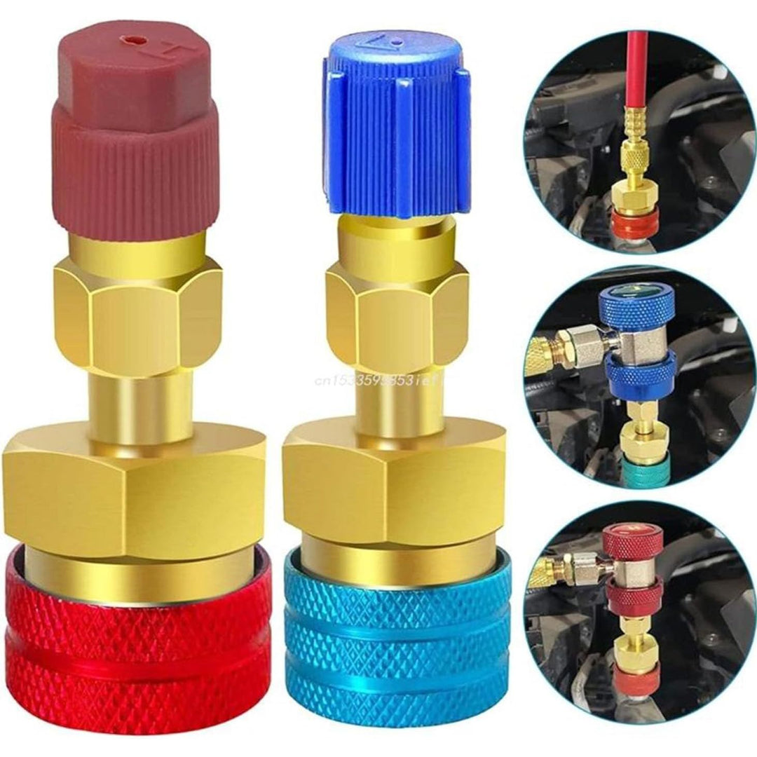 Red high-side and blue low-side R1234yf AC quick couplers, view 1