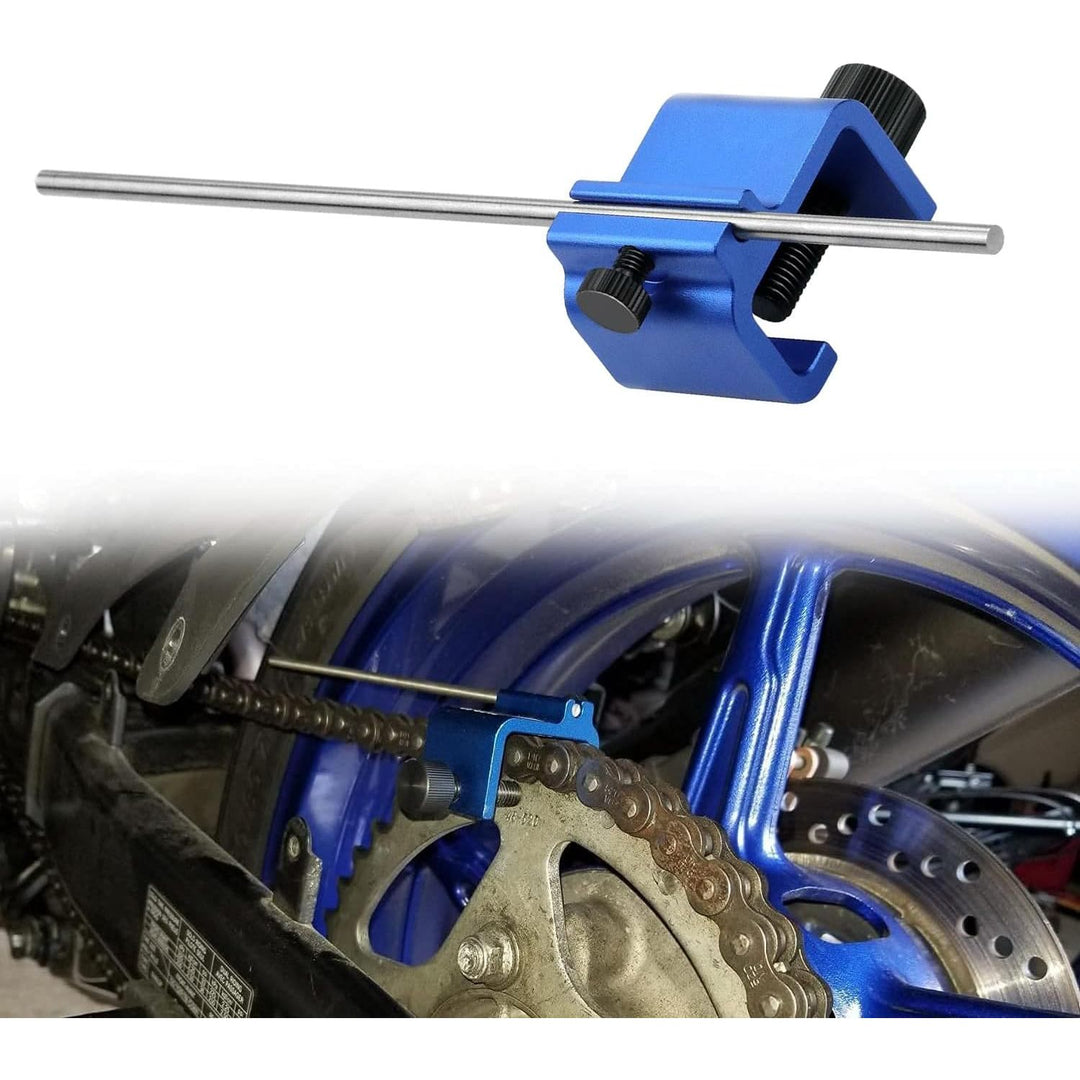 Blue motorcycle chain alignment clamp tool, view 1