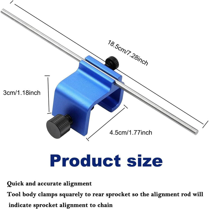Blue motorcycle chain alignment clamp tool, view 3