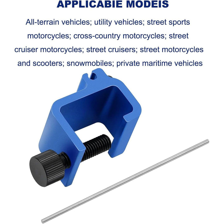 Blue motorcycle chain alignment clamp tool, view 4