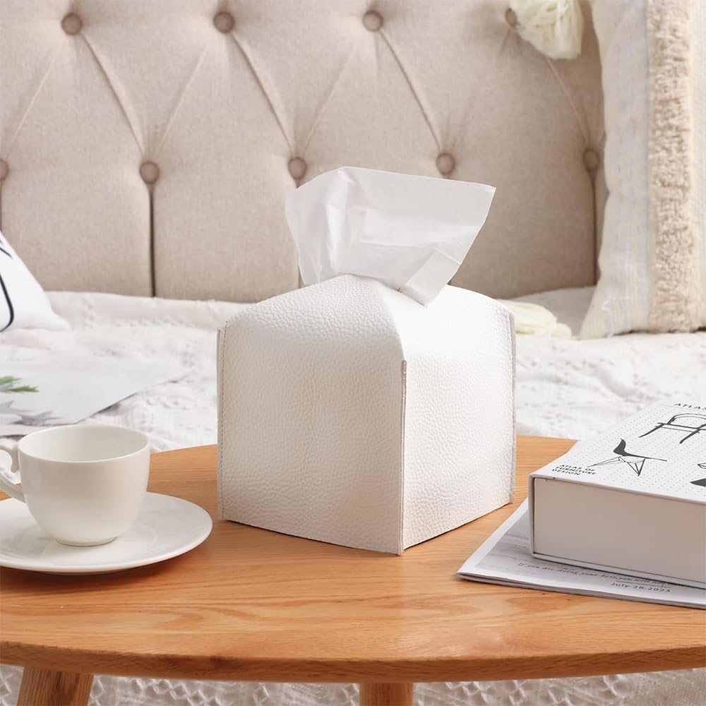 White square PU leather tissue box cover, view 5