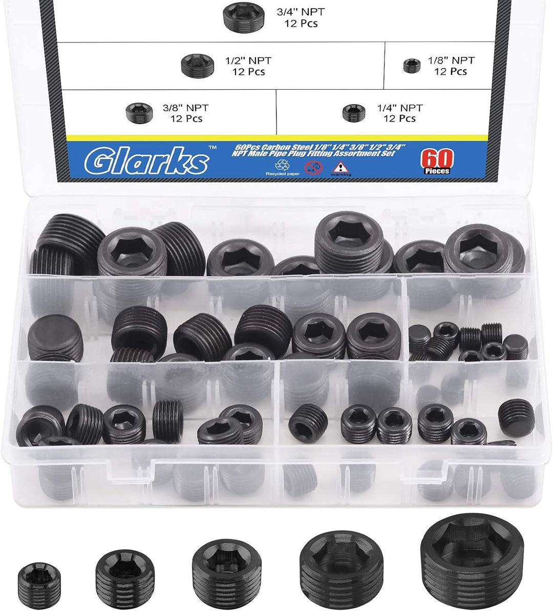 60 Carbon-Steel NPT Hex-Socket Pipe Plugs, 5 Sizes, image 1