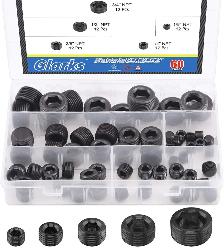 60 Carbon-Steel NPT Hex-Socket Pipe Plugs, 5 Sizes, image 1