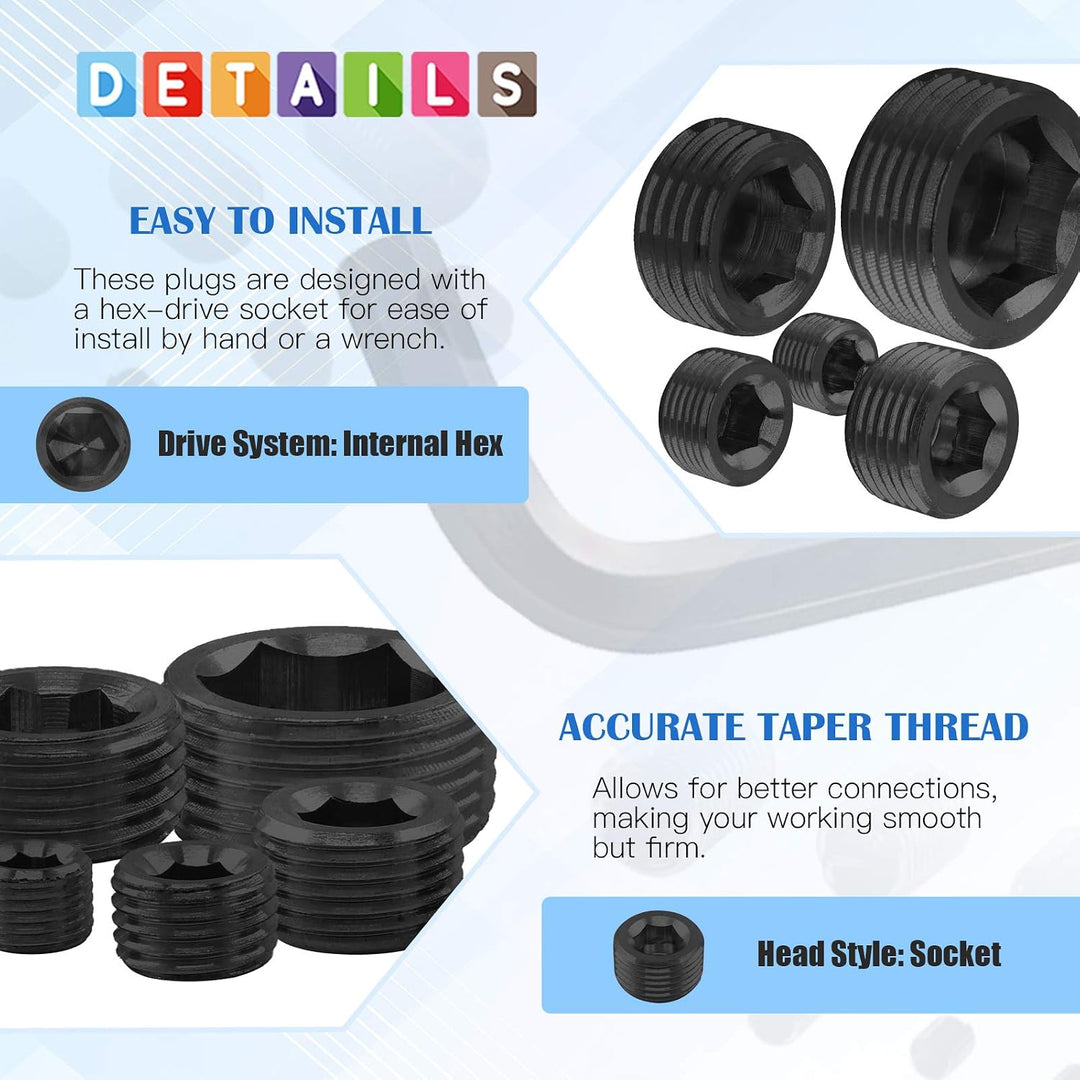 60 Carbon-Steel NPT Hex-Socket Pipe Plugs, 5 Sizes, image 3