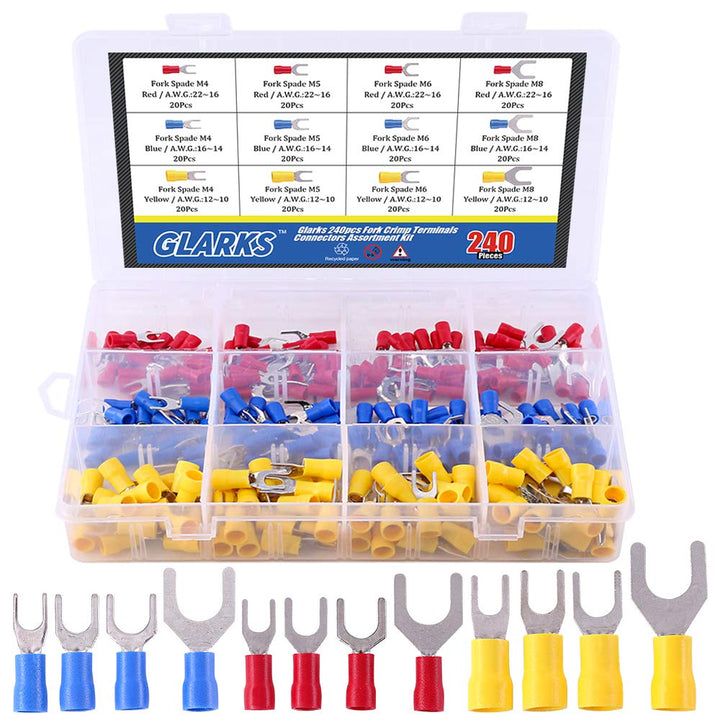 240 Insulated Fork and Spade Crimp Terminals, 3 Wire Gauges, image 1