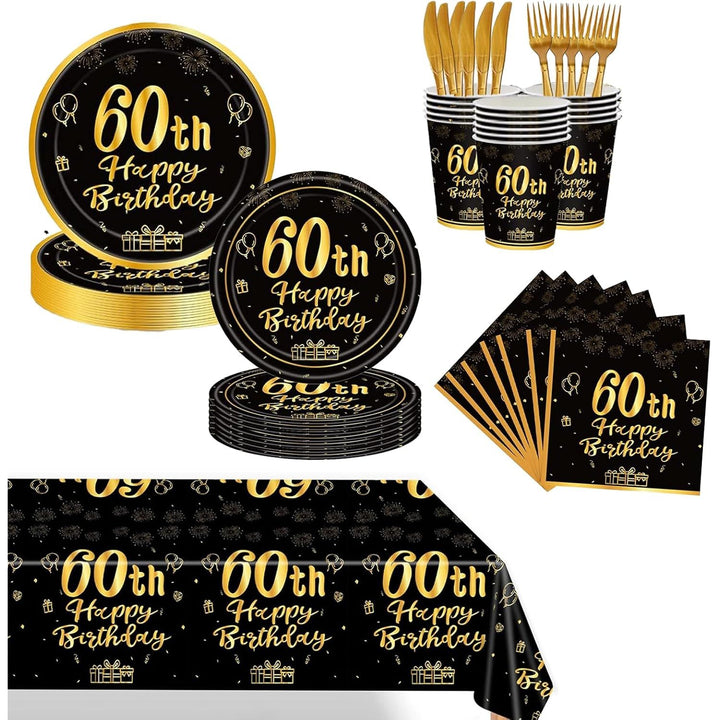 Black and gold 60th birthday tableware kit, 145 pieces for 24 guests