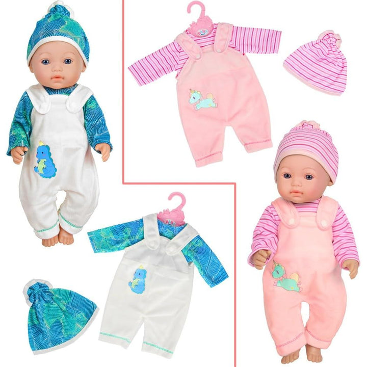 Pink and dinosaur-print doll outfit details; dolls not included