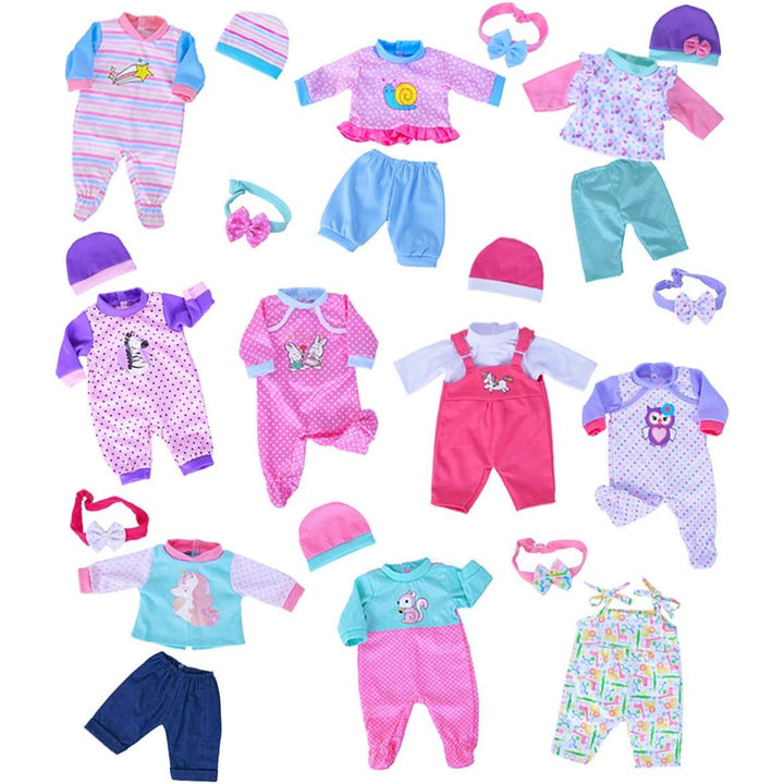 Assorted doll clothing with striped romper, animal prints and matching accessories