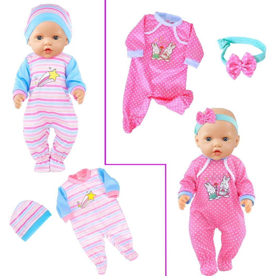 Striped and pink bunny-print doll romper details; dolls not included