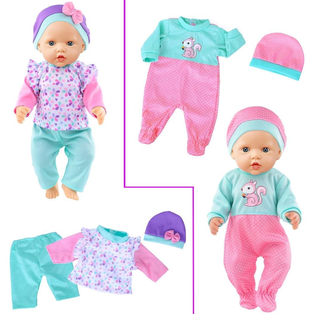 Pastel doll clothing and matching hat details; dolls not included
