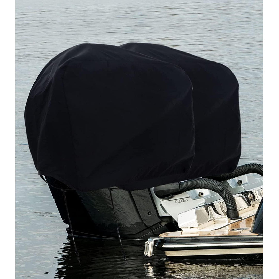 Black outboard motor cover fitted over engine cowling; motor and boat not included