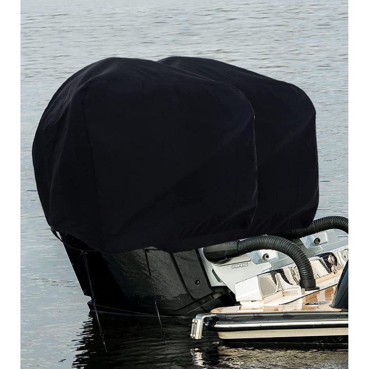 Black outboard motor cover fitted over engine cowling; motor and boat not included
