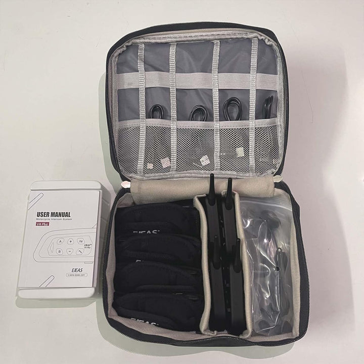 Organizer bag interior with mesh pockets and equipment display; electronics not included