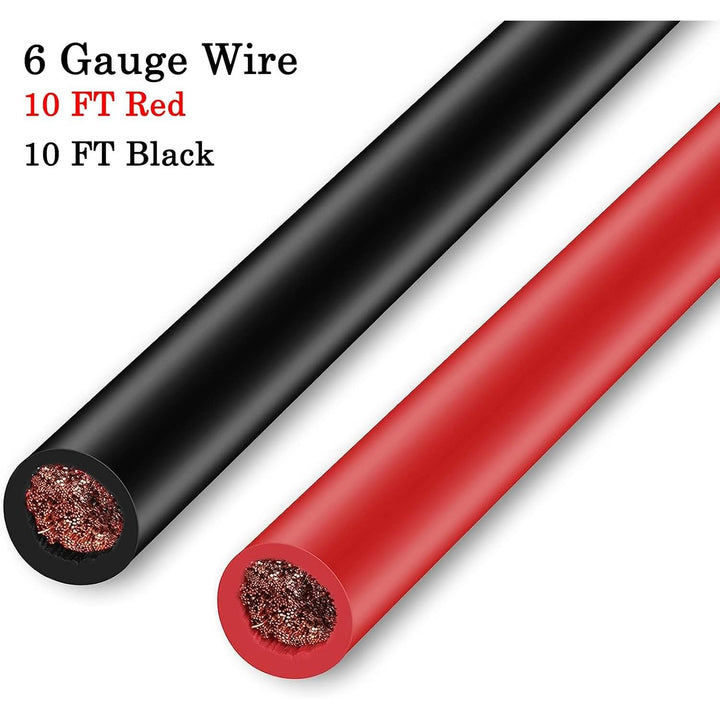 Six-gauge red and black cable cross-sections, 10 feet each