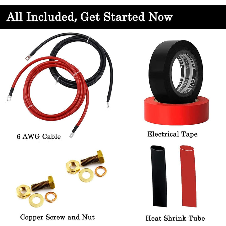 6 AWG extension kit contents: cables, electrical tape, bolts, nuts and heat-shrink tubing