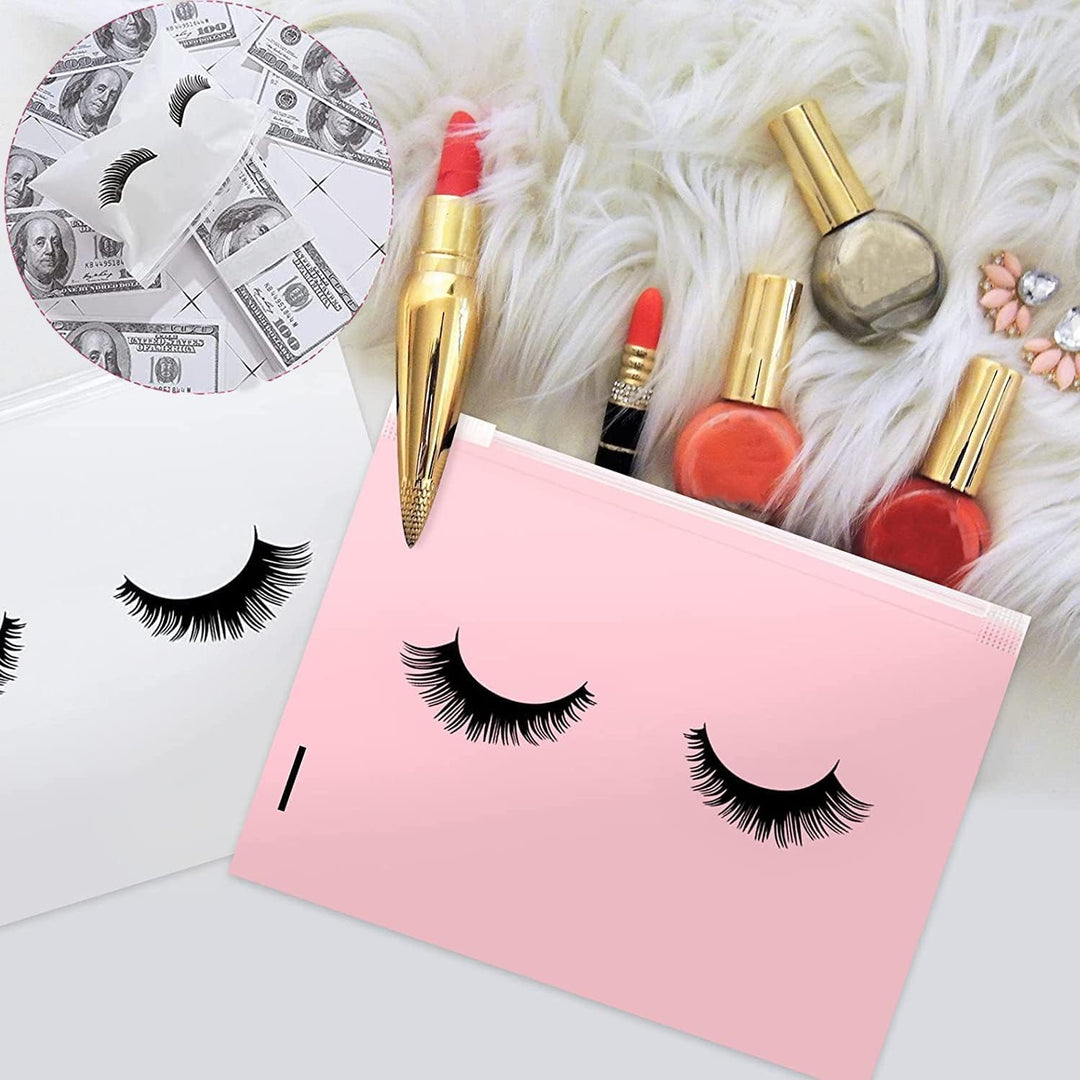 Eyelash-pattern makeup pouch use example; cosmetics not included