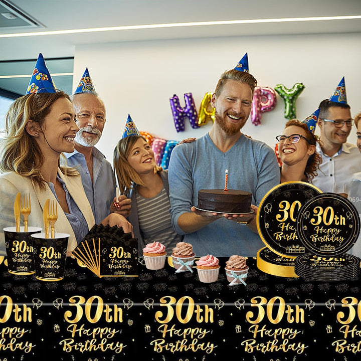 30th birthday tableware display; food, balloons and hats not included