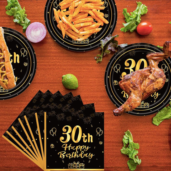 30th birthday plates and napkins shown with food; food not included