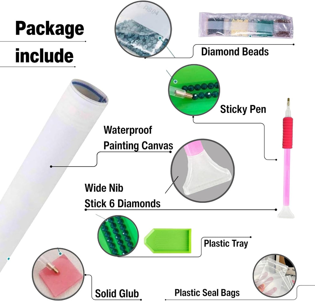 Diamond painting kit contents including canvas, beads, pen and tray
