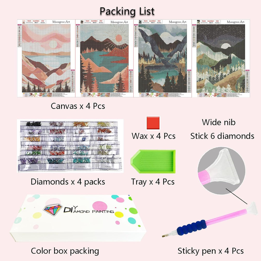 Four landscape diamond painting canvases and kit contents