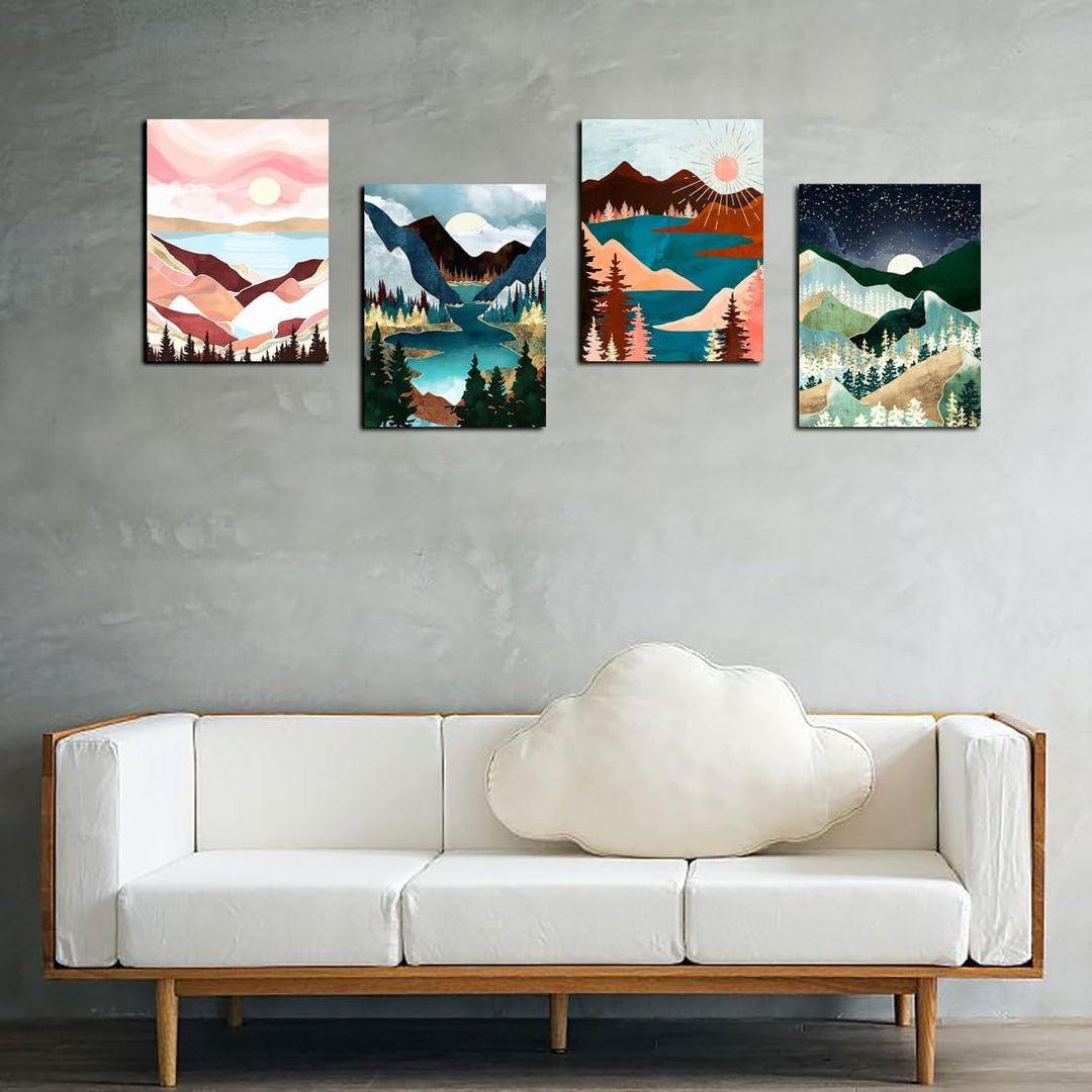 Four landscape diamond paintings above sofa